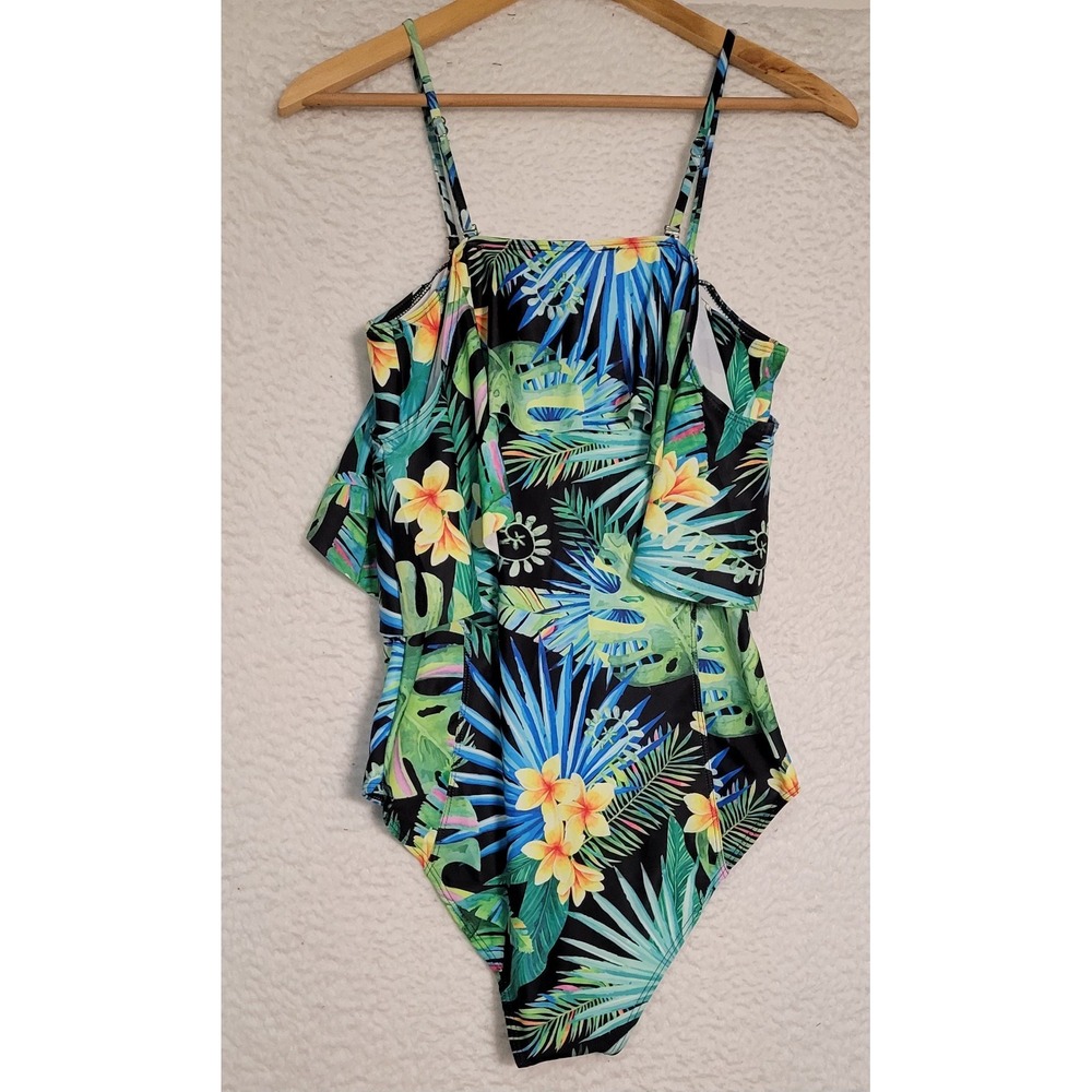 Marina Vida Women's One Piece NEW NWT Swimsuit Sz L Swimwear Floral Ruffle 1986
